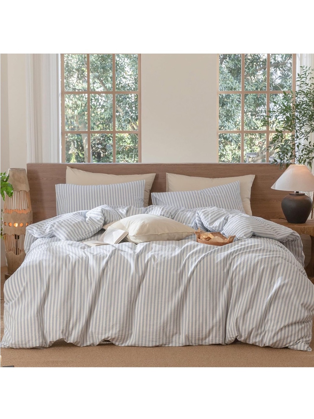 NEW MooMee Striped 100% Washed Cotton Duvet Cover Set. Linen Like Texture.